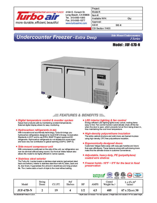 Turbo Air JUF-67D-N J Series 67" Extra Deep Undercounter Freezer w/ 2 Drawers & Side Mounted Compressor - Donut-Supplies.Com
