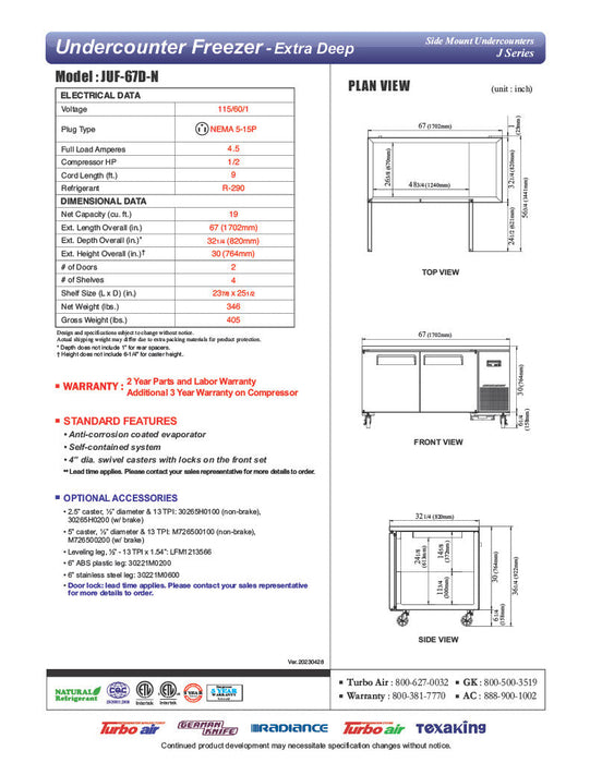 Turbo Air JUF-67D-N J Series 67" Extra Deep Undercounter Freezer w/ 2 Drawers & Side Mounted Compressor - Donut-Supplies.Com