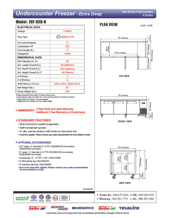 Turbo Air JUF-93D-N J Series 93" Extra Deep Undercounter Freezer w/ 3 Drawers & Side Mounted Compressor - Donut-Supplies.Com