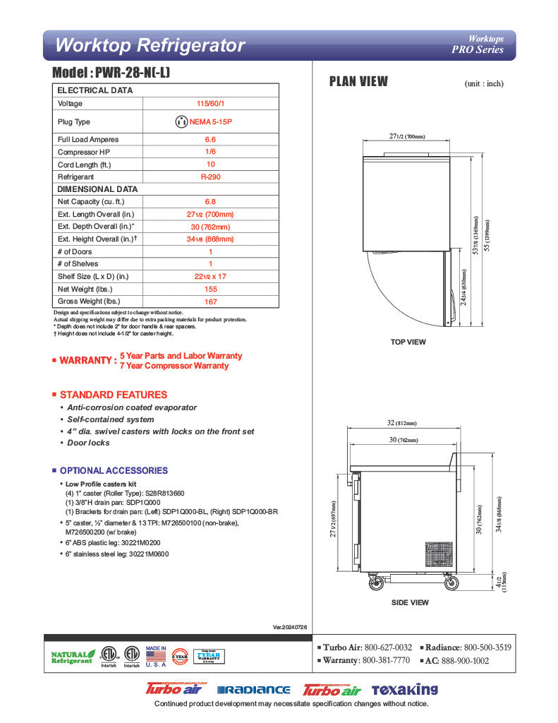 Turbo Air PWR-28-N 27 1/2" Worktop Refrigerator w/ 1 Section - Donut-Equipment.com