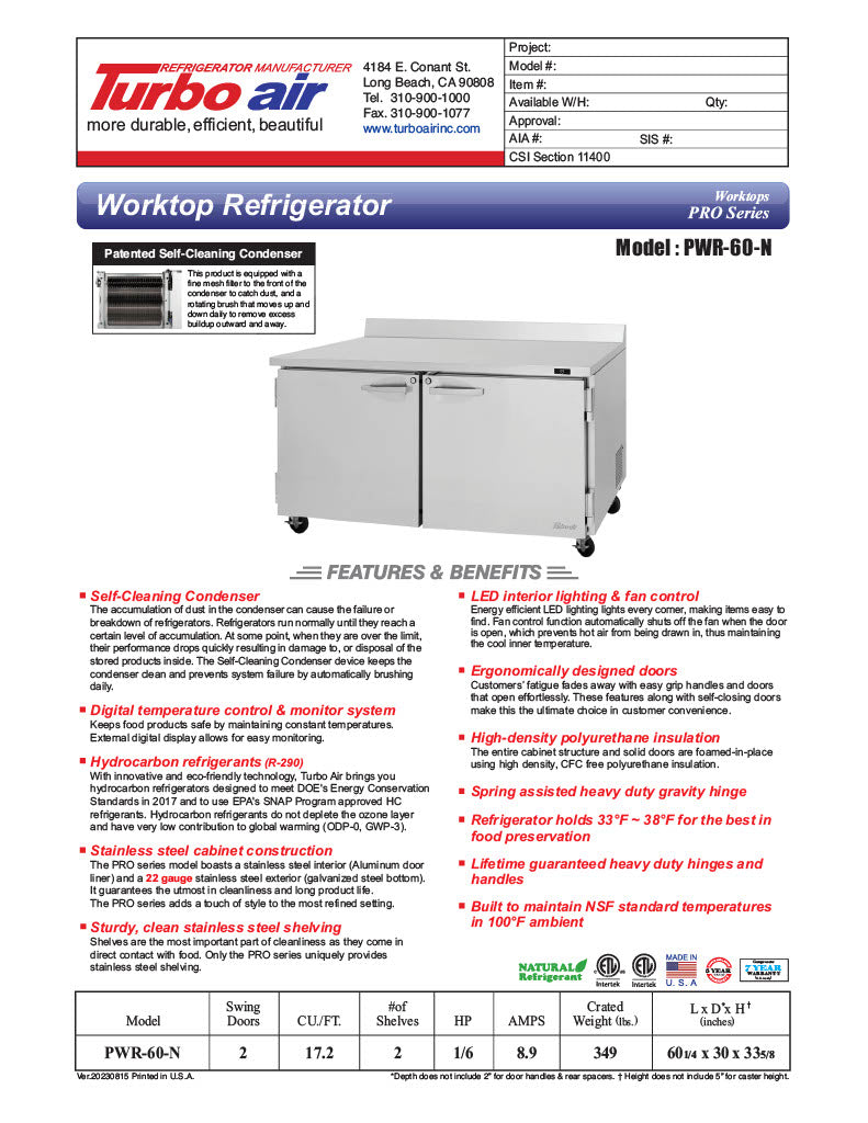 Turbo Air PWR-60-N 60 1/4" Worktop Refrigerator w/ 2 Sections, 2 Solid Doors - Donut-Equipment.com