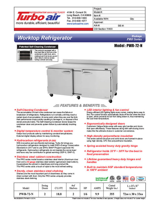 Turbo Air PWR-72-N 72 1/4" Worktop Refrigerator w/ 2 Sections, 2 Solid Doors - Donut-Supplies.Com