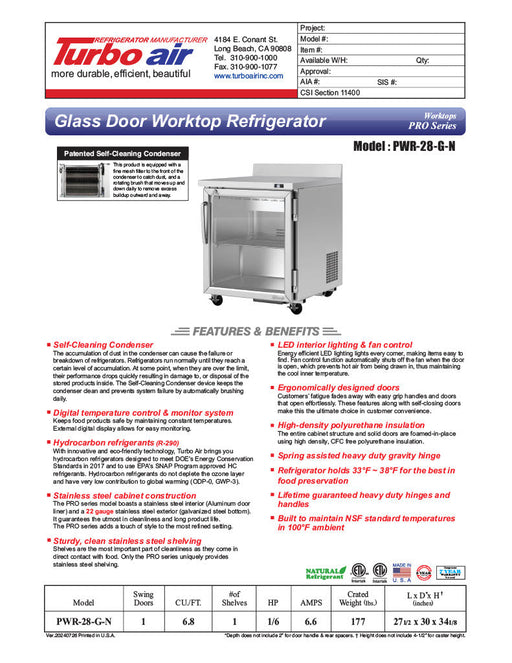 Turbo Air PWR-28-G-N 27 1/2" Worktop Refrigerator w/ (1) Section, 1 Glass Door - Donut-Supplies.Com