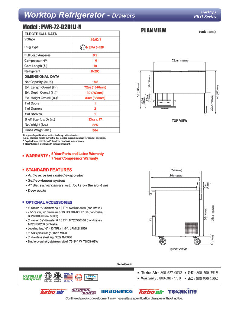 Turbo Air PWR-72-D2R-N 72 1/4" Worktop Refrigerator w/ 3 Sections, 2 Drawers & 1 Solid Door - Donut-Equipment.com