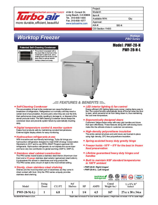 Turbo Air PWF-28-N 27 1/2" Worktop Freezer w/ 1 Section, 1 Solid Door - Donut-Supplies.Com