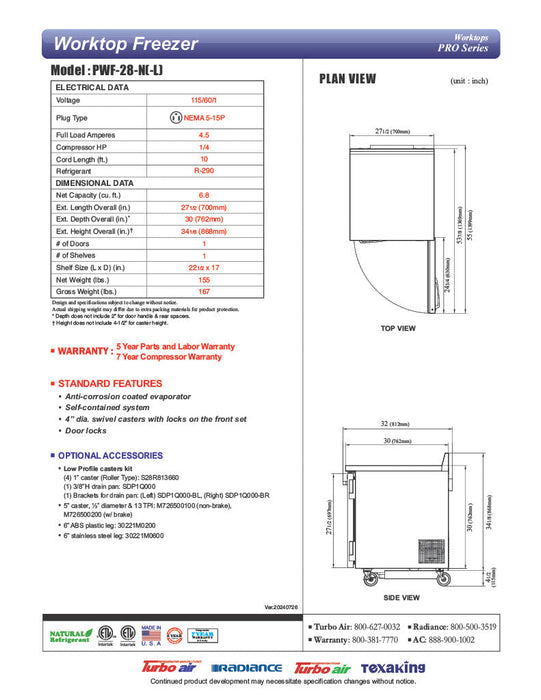 Turbo Air PWF-28-N 27 1/2" Worktop Freezer w/ 1 Section, 1 Solid Door - Donut-Supplies.Com