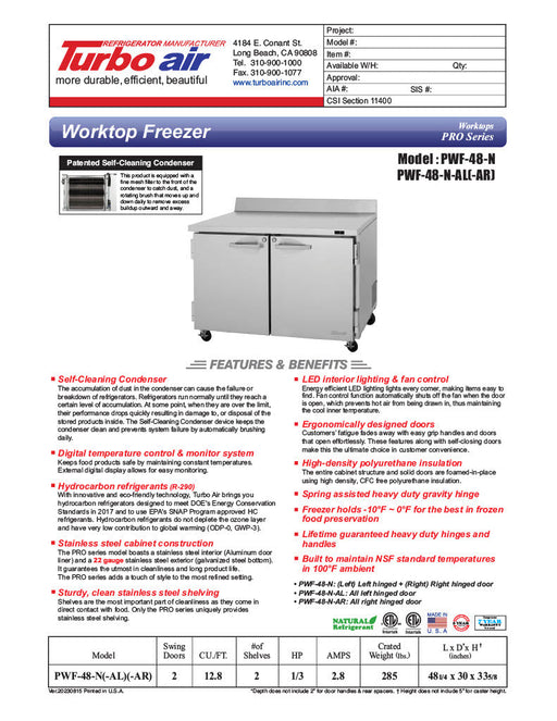 Turbo Air PWF-48-N 48 1/4" Worktop Freezer w/ 2 Sections, 2 Solid Doors - Donut-Supplies.Com