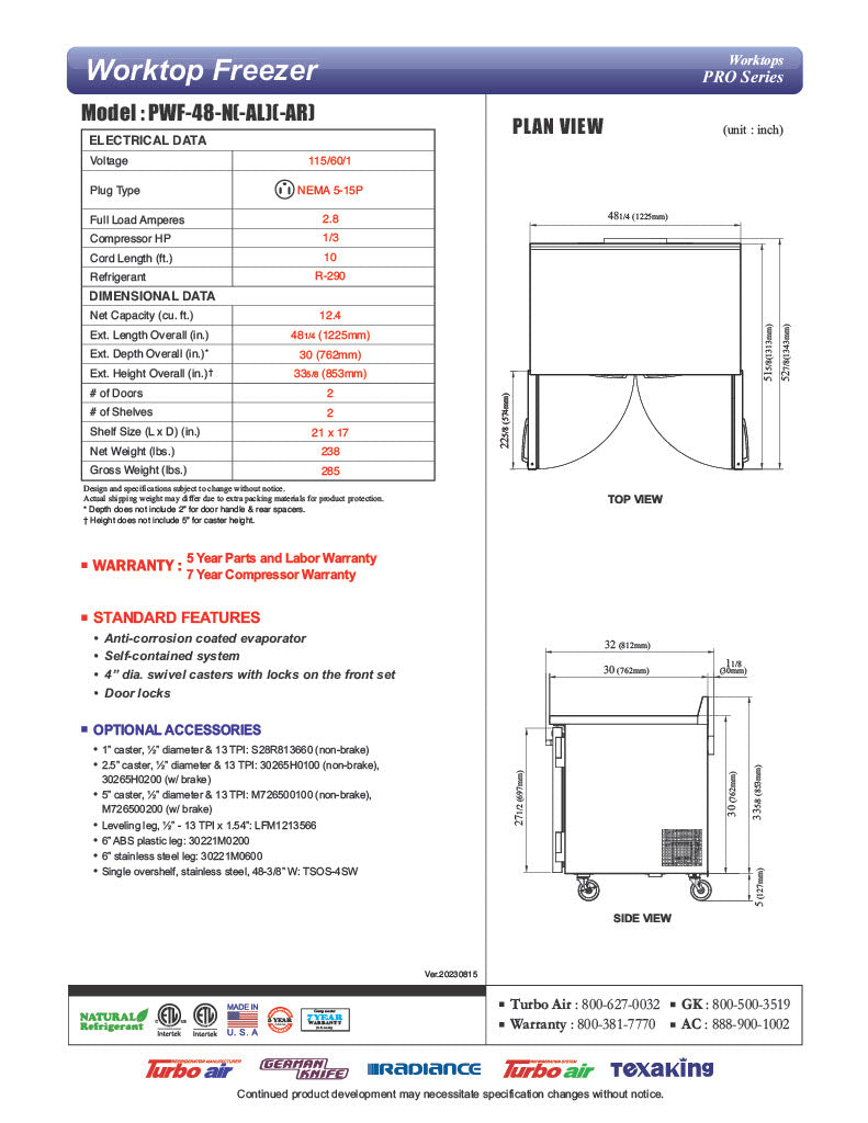 Turbo Air PWF-48-N 48 1/4" Worktop Freezer w/ 2 Sections, 2 Solid Doors - Donut-Equipment.com