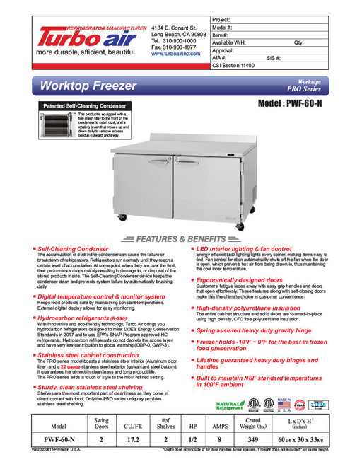 Turbo Air PWF-60-N 60 1/4" Worktop Freezer w/ (2) Sections, 2 Solid Doors - Donut-Supplies.Com