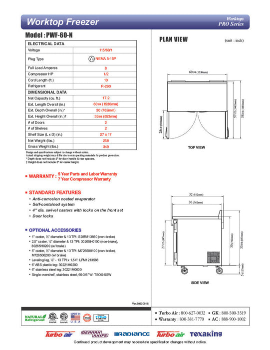 Turbo Air PWF-60-N 60 1/4" Worktop Freezer w/ (2) Sections, 2 Solid Doors - Donut-Supplies.Com