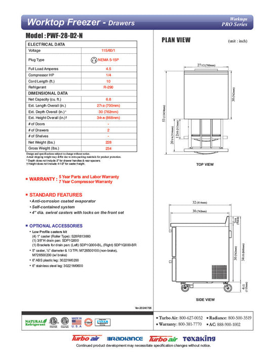 Turbo Air PWF-28-D2-N 27 1/2" Worktop Freezer w/ 1 Section, 2 Drawers - Donut-Supplies.Com