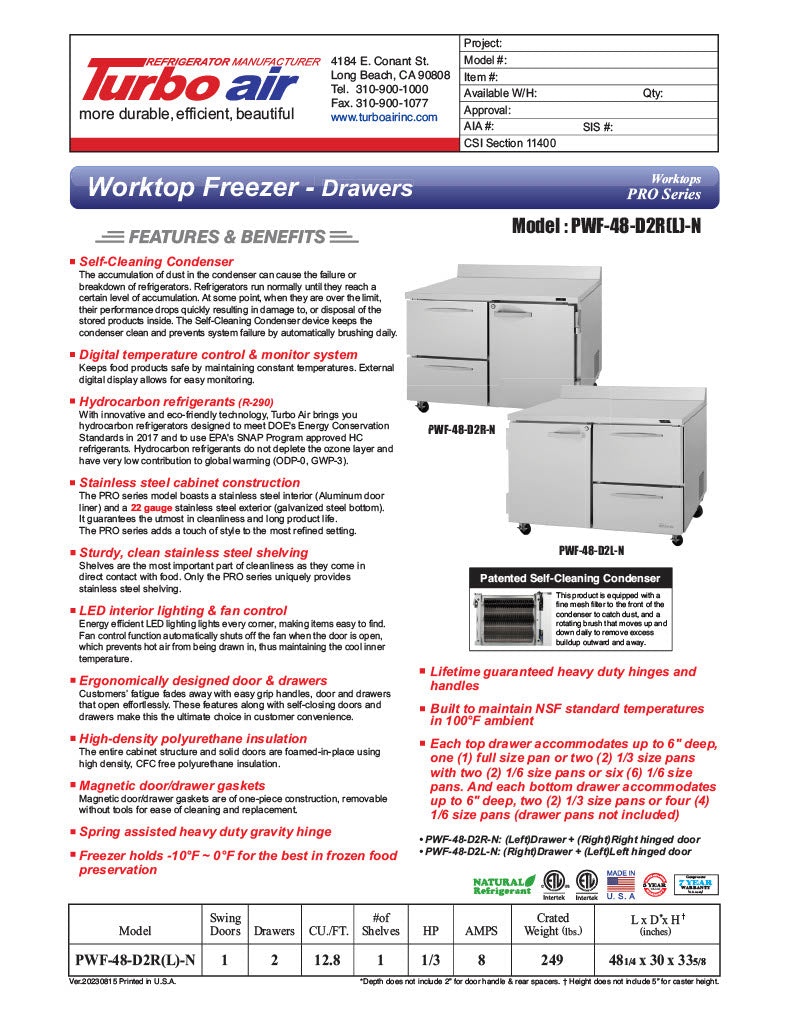 Turbo Air PWF-48-D2R-N 48 1/4" Worktop Freezer w/ 2 Sections, 2 Drawers & 1 Solid Door - Donut-Equipment.com