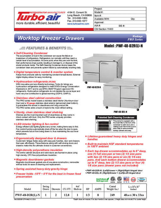Turbo Air PWF-48-D2R-N 48 1/4" Worktop Freezer w/ 2 Sections, 2 Drawers & 1 Solid Door - Donut-Supplies.Com
