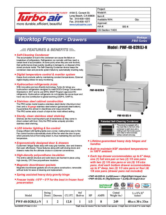 Turbo Air PWF-48-D2R-N 48 1/4" Worktop Freezer w/ 2 Sections, 2 Drawers & 1 Solid Door - Donut-Supplies.Com