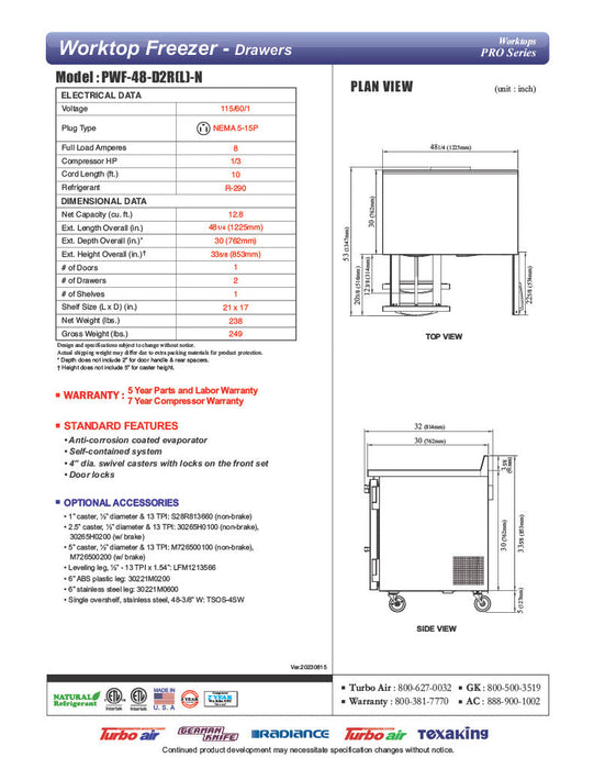Turbo Air PWF-48-D2R-N 48 1/4" Worktop Freezer w/ 2 Sections, 2 Drawers & 1 Solid Door - Donut-Supplies.Com