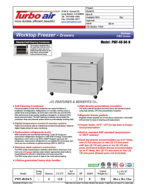 Turbo Air PWF-48-D4-N 48 1/4" Worktop Freezer w/ 2 Sections, 4 Drawers - Donut-Supplies.Com