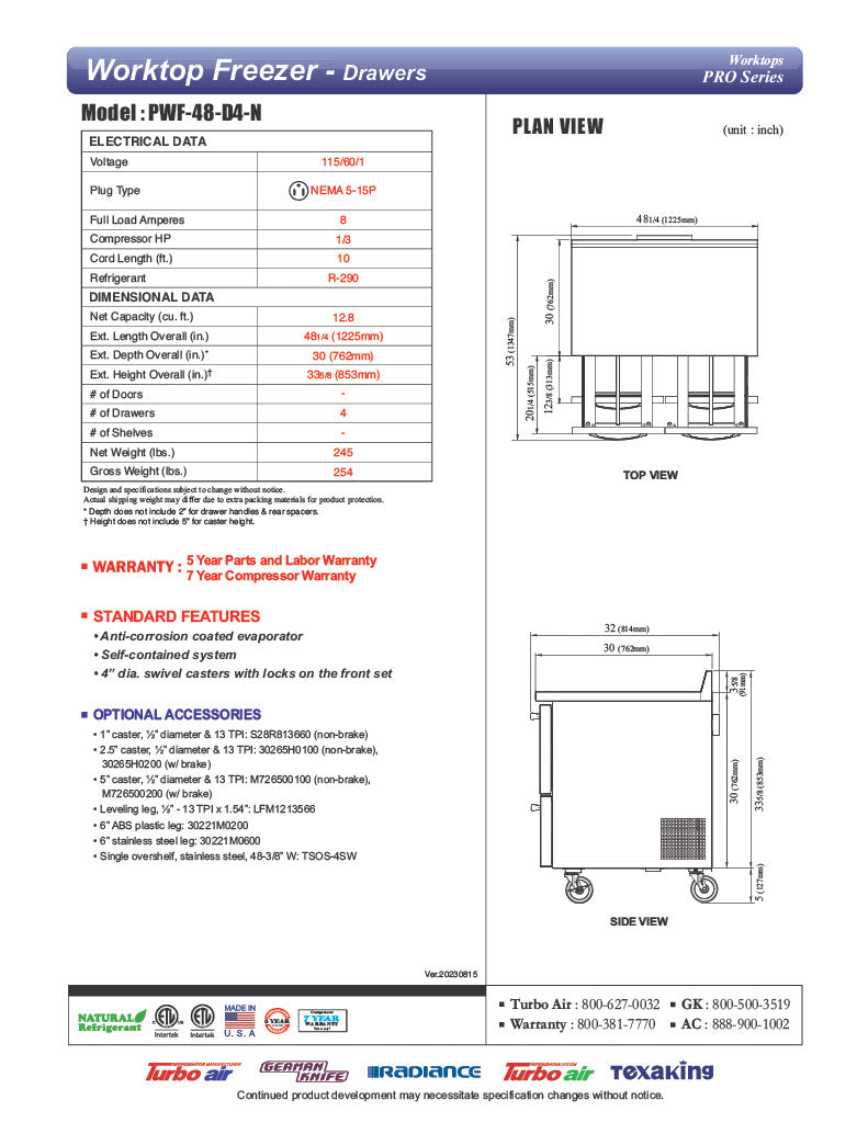 Turbo Air PWF-48-D4-N 48 1/4" Worktop Freezer w/ 2 Sections, 4 Drawers - Donut-Equipment.com