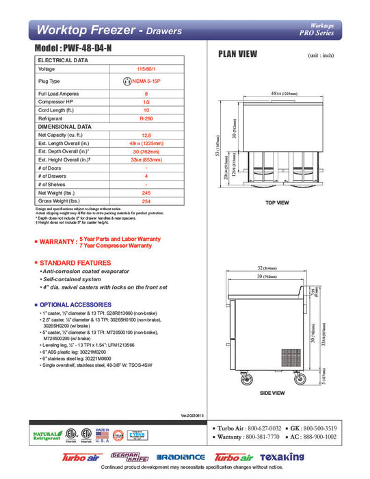 Turbo Air PWF-48-D4-N 48 1/4" Worktop Freezer w/ 2 Sections, 4 Drawers - Donut-Supplies.Com
