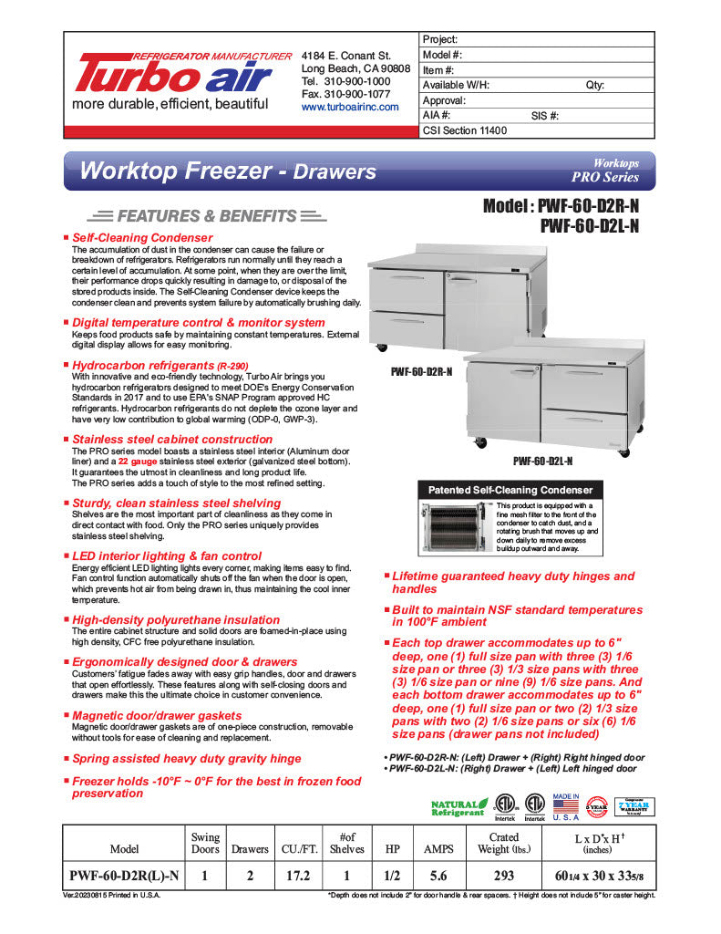 Turbo Air PWF-60-D2R-N 60 1/4" Worktop Freezer w/ 2 Sections, 2 Drawers & 1 Solid Door - Donut-Equipment.com