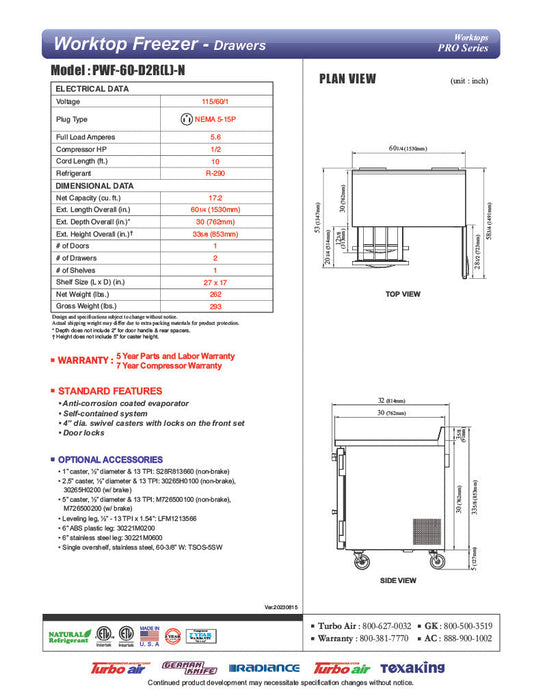 Turbo Air PWF-60-D2R-N 60 1/4" Worktop Freezer w/ 2 Sections, 2 Drawers & 1 Solid Door - Donut-Supplies.Com