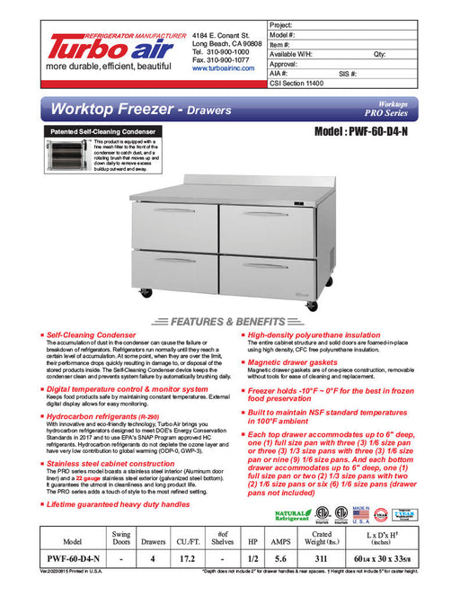 Turbo Air PWF-60-D4-N 60 1/4" Worktop Freezer w/ 2 Sections, 4 Drawers - Donut-Supplies.Com