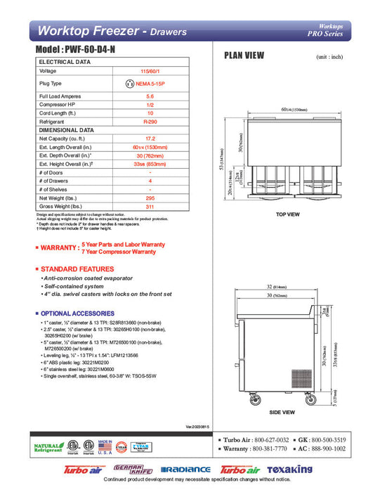 Turbo Air PWF-60-D4-N 60 1/4" Worktop Freezer w/ 2 Sections, 4 Drawers - Donut-Supplies.Com