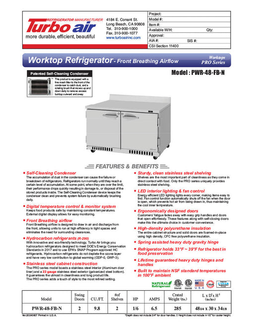 Turbo Air PWR-48-FB-N 48 1/4" Worktop Refrigerator w/ (2) Sections, 2 Solid Doors, Front Breathing - Donut-Supplies.Com