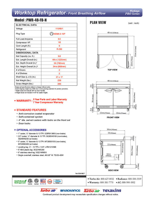 Turbo Air PWR-48-FB-N 48 1/4" Worktop Refrigerator w/ (2) Sections, 2 Solid Doors, Front Breathing - Donut-Supplies.Com