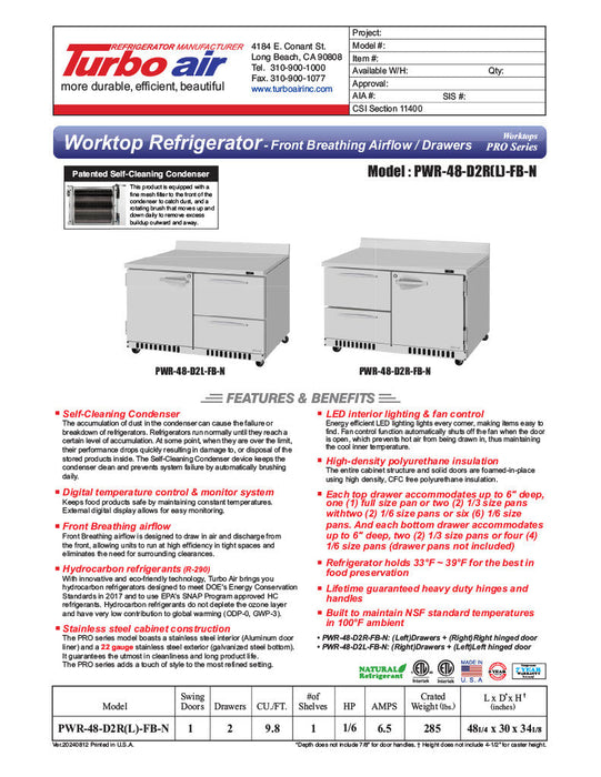 Turbo Air PWR-48-D2R(L)-FB-N 48 1/4" Worktop Refrigerator w/ (2) Sections, 2 Drawers & 1 Solid Door, Front Breathing - Donut-Supplies.Com