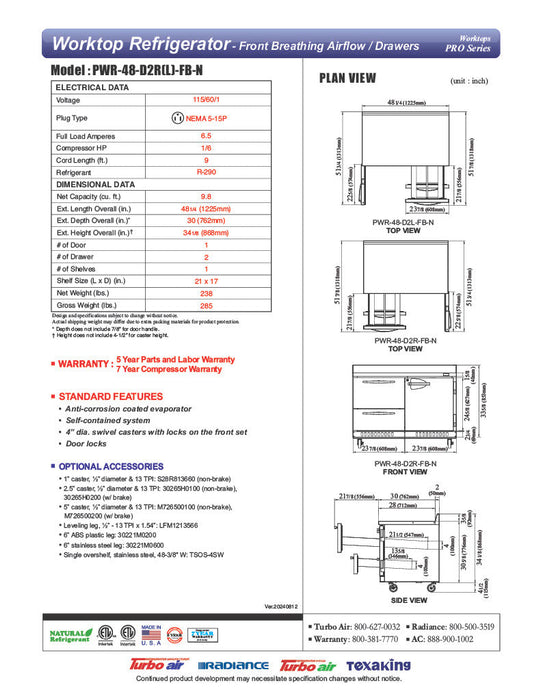 Turbo Air PWR-48-D2R(L)-FB-N 48 1/4" Worktop Refrigerator w/ (2) Sections, 2 Drawers & 1 Solid Door, Front Breathing - Donut-Supplies.Com