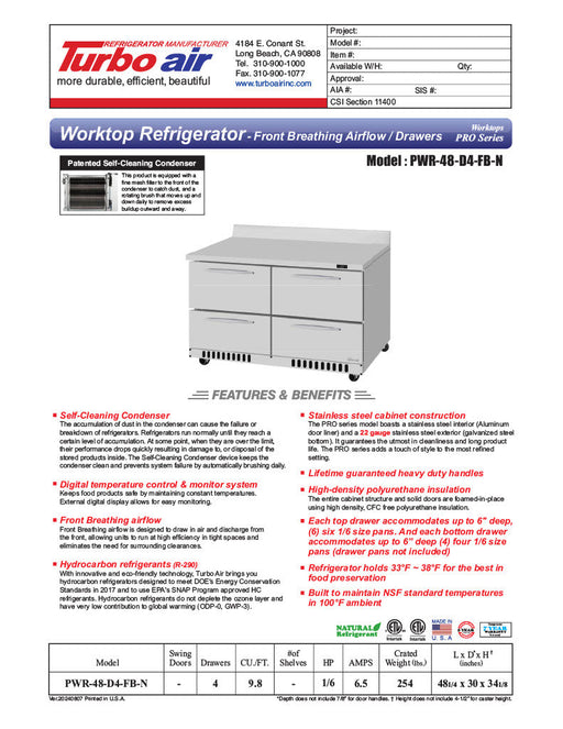 Turbo Air PWR-48-D4-FB-N 48 1/4" Worktop Refrigerator w/ (2) Sections, 4 Drawers, Front Breathing - Donut-Supplies.Com