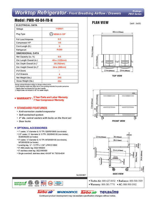 Turbo Air PWR-48-D4-FB-N 48 1/4" Worktop Refrigerator w/ (2) Sections, 4 Drawers, Front Breathing - Donut-Supplies.Com