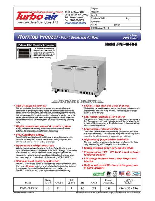 Turbo Air PWF-48-FB-N 48 1/4"W Worktop Freezer w/ (2) Sections & 2 Doors - Donut-Supplies.Com