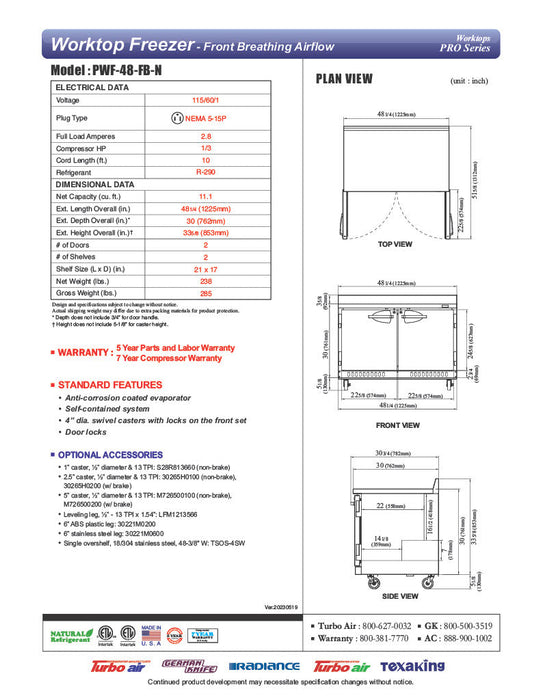 Turbo Air PWF-48-FB-N 48 1/4"W Worktop Freezer w/ (2) Sections & 2 Doors - Donut-Supplies.Com