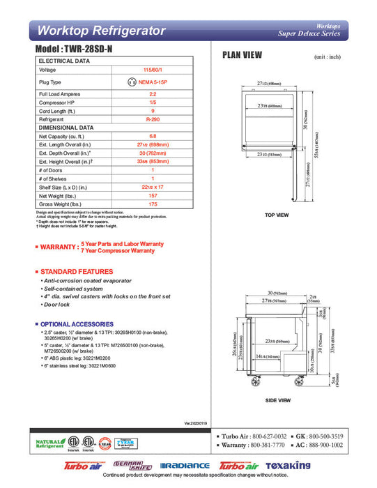 Turbo Air TWR-28SD-N 27 1/2" Super Deluxe Worktop Refrigerator w/ (1) Section, 1 Solid Door - Donut-Supplies.Com