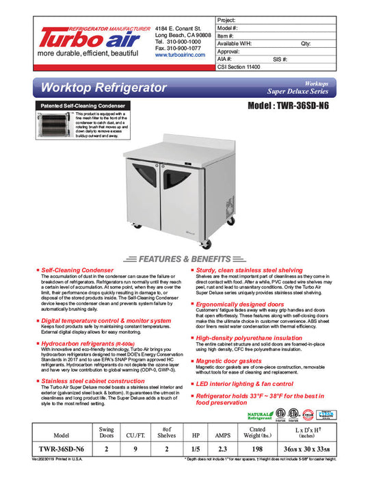 Turbo Air TWR-36SD-N6 36 1/4" Super Deluxe Worktop Refrigerator w/ (1) Section, 1 Solid Door - Donut-Supplies.Com