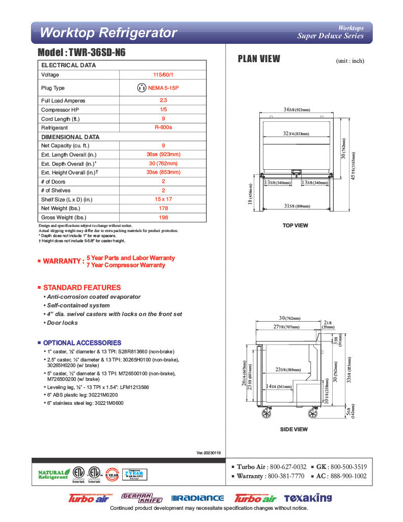 Turbo Air TWR-36SD-N6 36 1/4" Super Deluxe Worktop Refrigerator w/ (1) Section, 1 Solid Door - Donut-Equipment.com