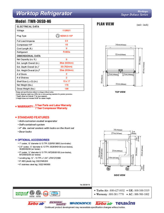 Turbo Air TWR-36SD-N6 36 1/4" Super Deluxe Worktop Refrigerator w/ (1) Section, 1 Solid Door - Donut-Supplies.Com