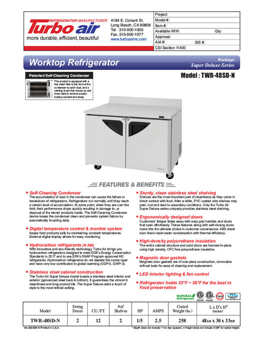 Turbo Air TWR-48SD-N 48 1/4" Super Deluxe Worktop Refrigerator w/ (2) Sections, 2 Solid Doors - Donut-Supplies.Com