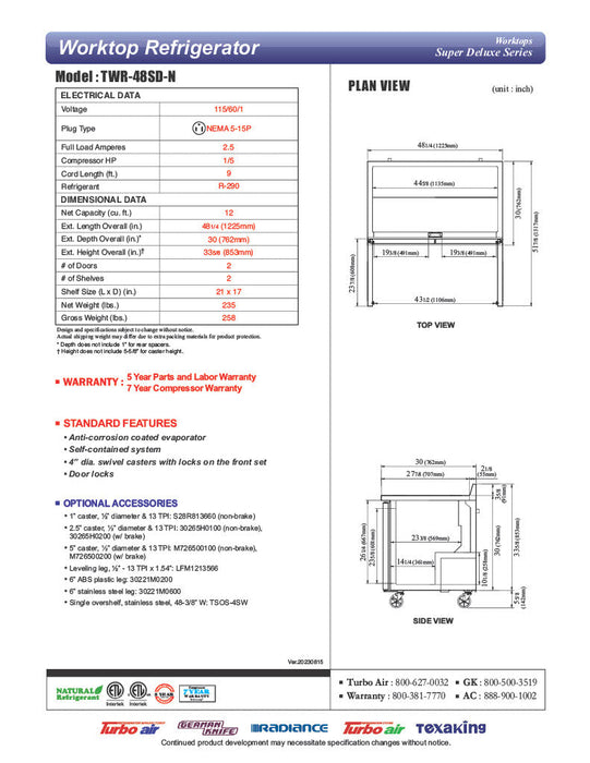 Turbo Air TWR-48SD-N 48 1/4" Super Deluxe Worktop Refrigerator w/ (2) Sections, 2 Solid Doors - Donut-Supplies.Com