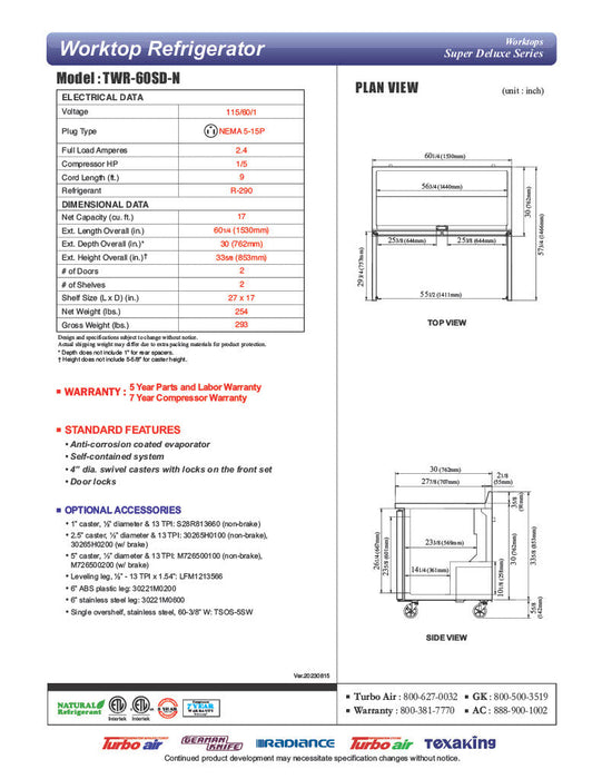 Turbo Air TWR-60SD-N 60 1/4" Super Deluxe Worktop Refrigerator w/ (2) Sections, 2 Solid Doors - Donut-Supplies.Com