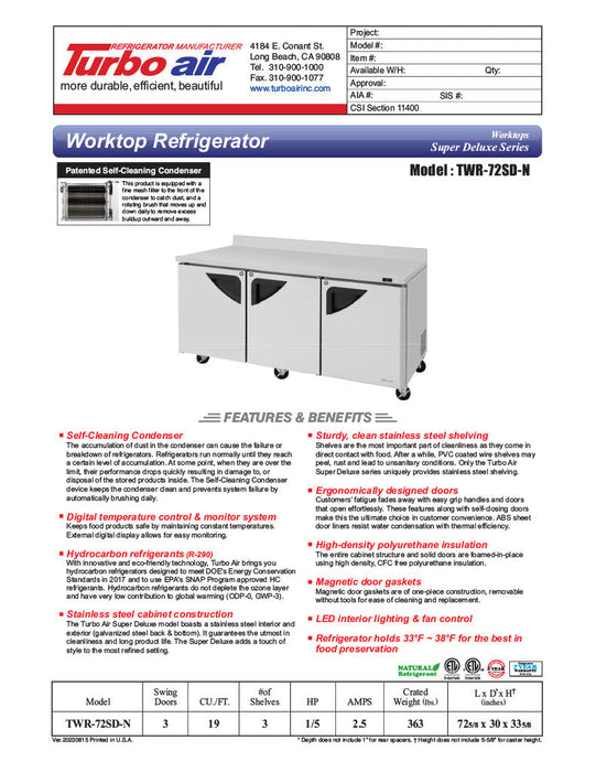 Turbo Air TWR-72SD-N 72 5/8" Super Deluxe Worktop Refrigerator w/ (3) Sections, 3 Solid Doors - Donut-Supplies.Com