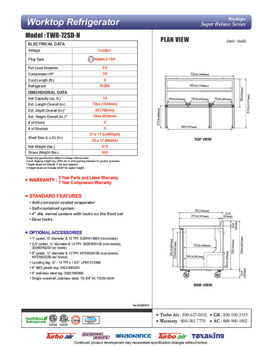 Turbo Air TWR-72SD-N 72 5/8" Super Deluxe Worktop Refrigerator w/ (3) Sections, 3 Solid Doors - Donut-Supplies.Com