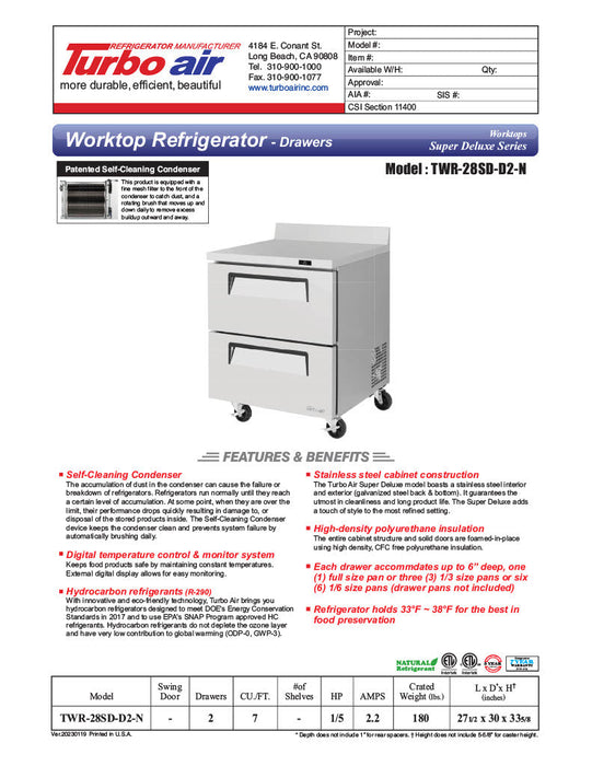 Turbo Air TWR-28SD-D2-N 27 1/2" Super Deluxe Worktop Refrigerator w/ (1) Section, 2 Drawers - Donut-Supplies.Com