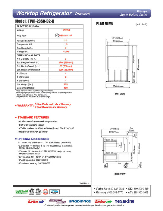 Turbo Air TWR-28SD-D2-N 27 1/2" Super Deluxe Worktop Refrigerator w/ (1) Section, 2 Drawers - Donut-Supplies.Com