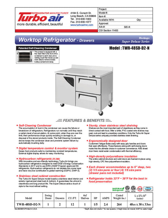 Turbo Air TWR-48SD-D2-N 48 1/4" Super Deluxe Worktop Refrigerator w/ (2) Sections, 2 Drawers & 1 Solid Door - Donut-Supplies.Com