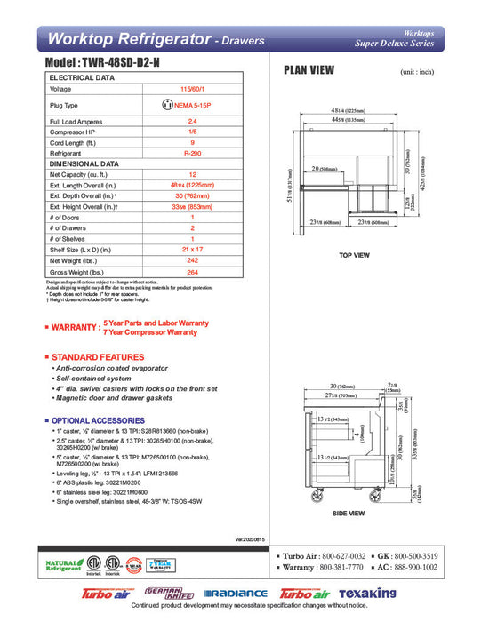 Turbo Air TWR-48SD-D2-N 48 1/4" Super Deluxe Worktop Refrigerator w/ (2) Sections, 2 Drawers & 1 Solid Door - Donut-Supplies.Com
