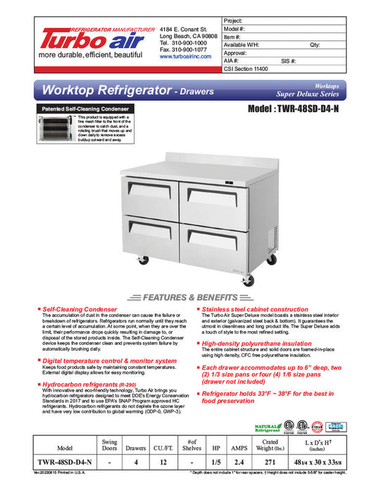 Turbo Air TWR-48SD-D4-N 48 1/4" Super Deluxe Worktop Refrigerator w/ (2) Sections, 4 Drawers - Donut-Supplies.Com