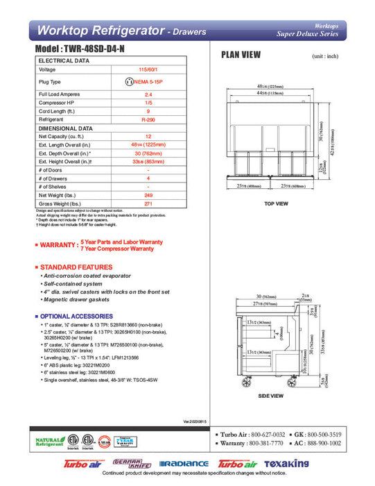Turbo Air TWR-48SD-D4-N 48 1/4" Super Deluxe Worktop Refrigerator w/ (2) Sections, 4 Drawers - Donut-Supplies.Com