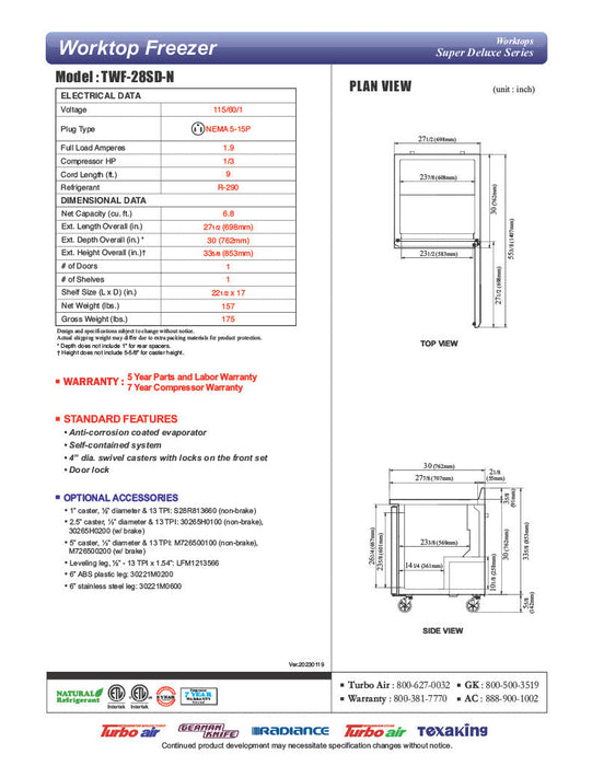 Turbo Air TWF-28SD-N 27 1/2" Super Deluxe Worktop Freezer w/ (1) Section, 1 Solid Door - Donut-Supplies.Com